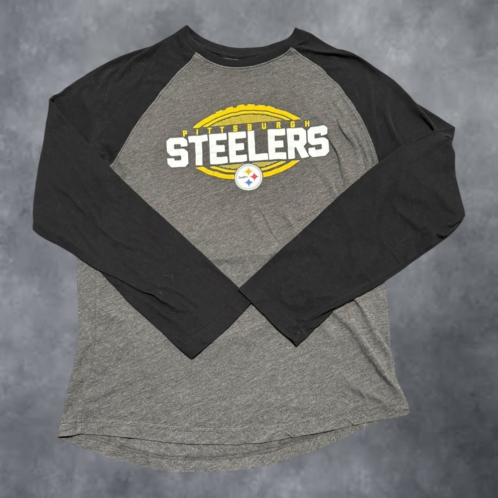 NFL Team Apparel Pittsburgh Steelers Raglan Long Sleeve Shirt Gray Black Large